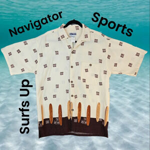 Navigator Sports Mens All Cotton Surfs Up Wood Button Up Beach Surf Wear Sz M